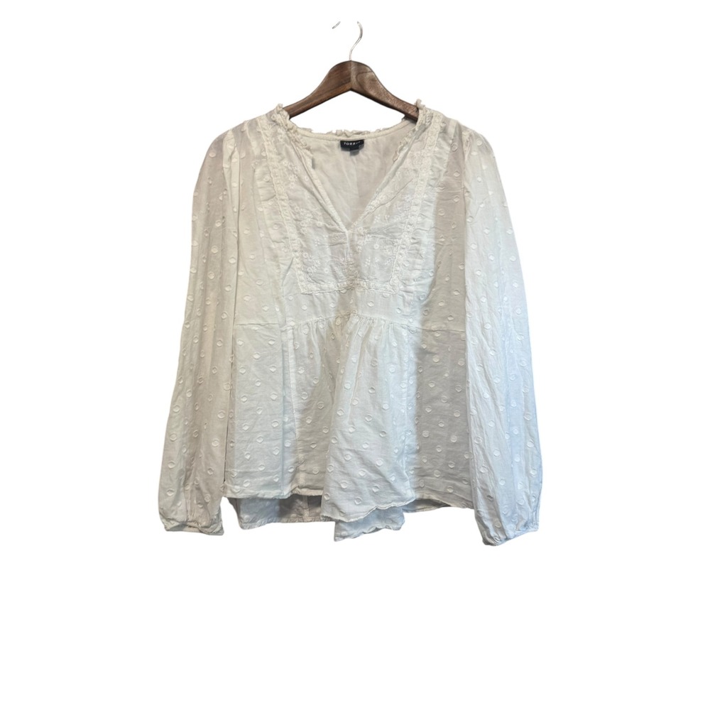 Torrid Blouse Womens 2 White Excellent Swiss Dot Embroidered Peasant Top